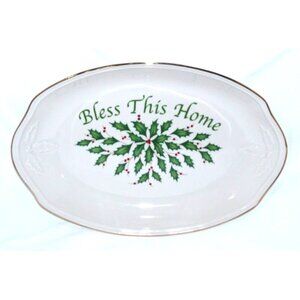 LENOX Dimensions Collection Holiday white with green holly small PLATTER 11x7.5"